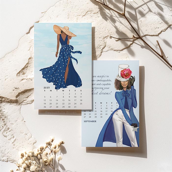 Two sheets from the Expressions Calendar  featuring illustrations of women in blue outfits and inspirational messages