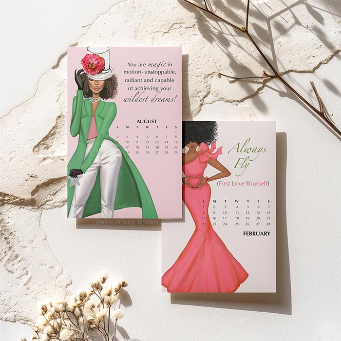 Two calendar sheets from the 2026 AKA Pink and Green Expressions Calendar