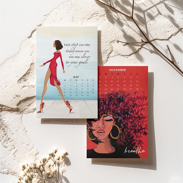 Two calendar sheets from the 2026 Red Expressions Calendar featuring stylish artwork and inspirational messages