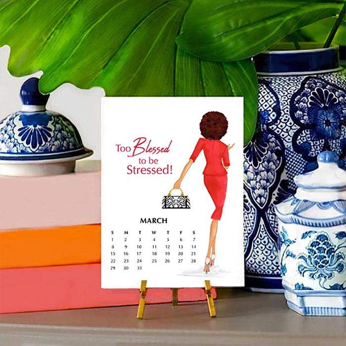 Calendar with a woman in a red outfit and text 'Too Blessed to be Stressed!' on the cover