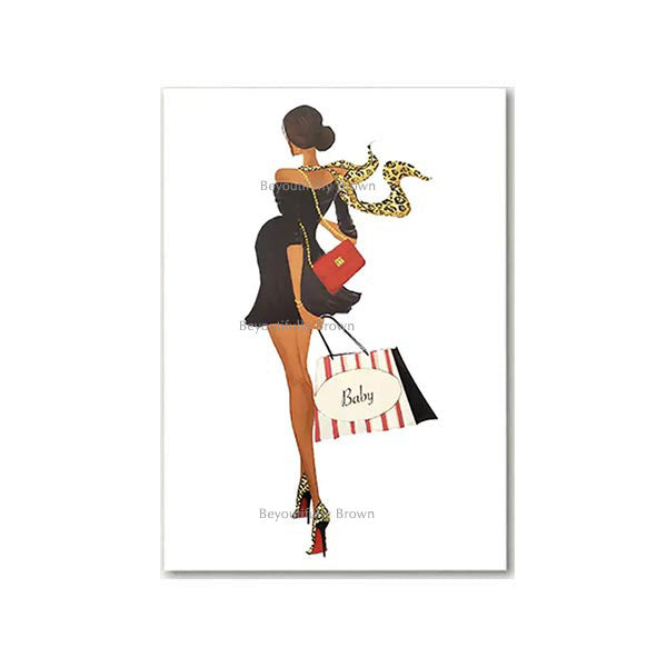 Greeting card with illustration of a stylish woman holding a gift bag with the text 'baby'