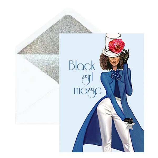 Greeting card with a woman in a blue featuring 'Black girl magic' text.