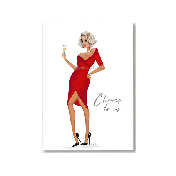 Greeting Card with illustration of a woman in a red dress holding a glass, with 'Cheers to us' text