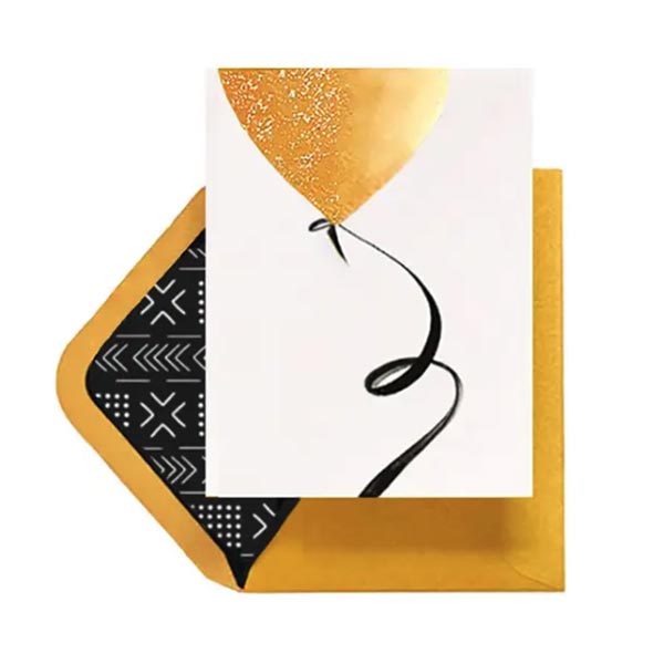 Gold Balloon Greeting Card and Gold Envelope with Mudcloth Liner from Beyoutifully Brown