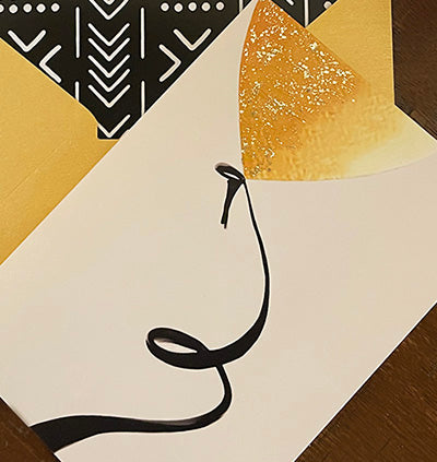 Gold Balloon Greeting Card and Gold Envelope with Mudcloth Liner for birthday and congratulations
