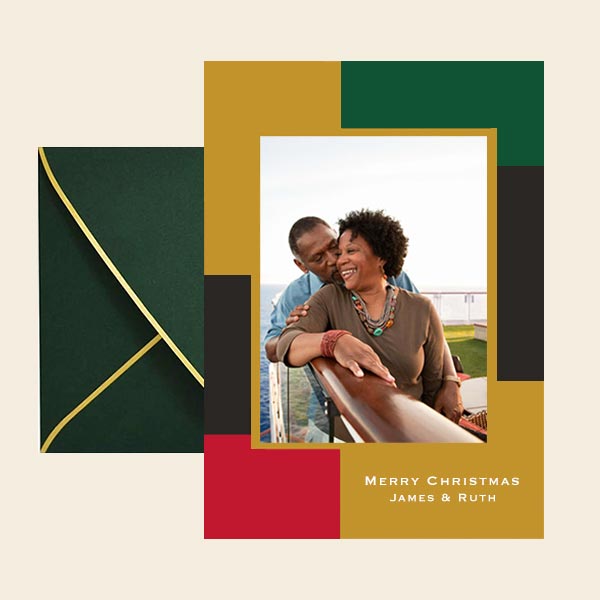 Photo Greeting Cards with Gold Blocks and Border with Green envelope