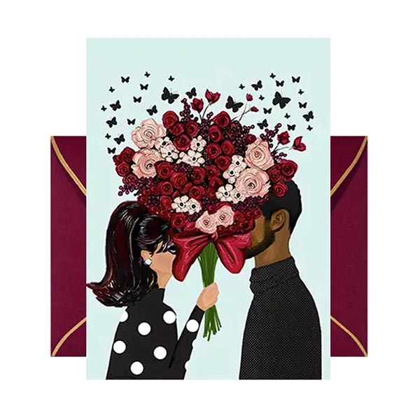Greeting card with illustration of a couple holding a heart-shaped flower bouquet surrounded by butterflies