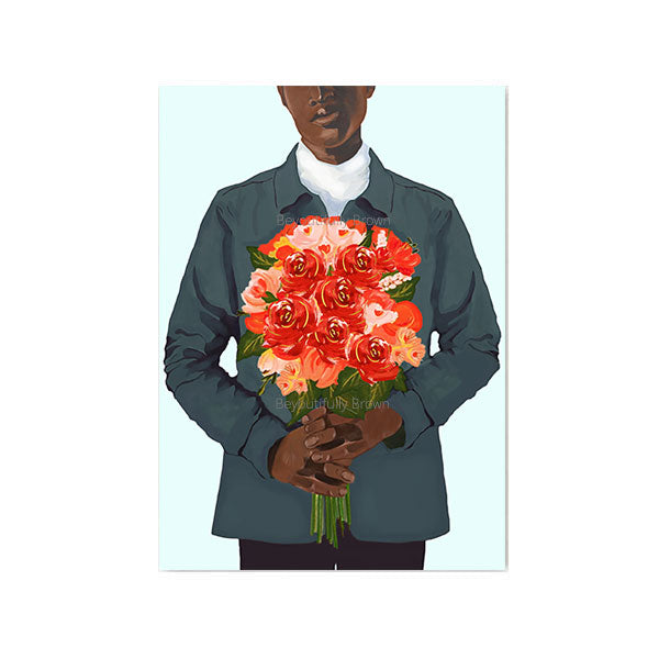My Love Greeting Card from Beyoutifully Brown featuring illustration of a man holding flowers