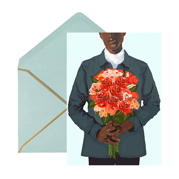 Greeting card with illustration of a man holding flowers with a matching envelope