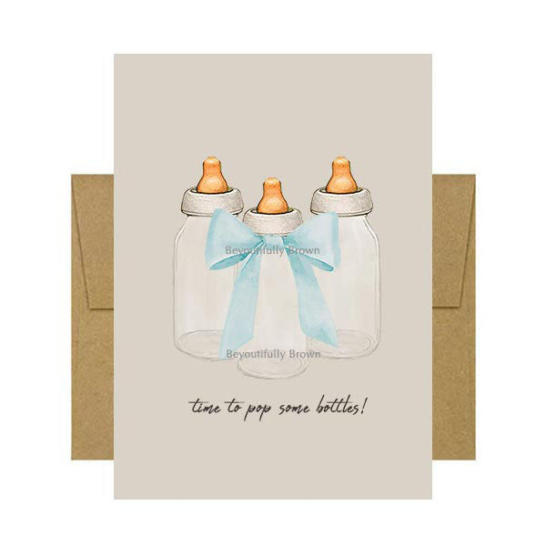 Greeting card with baby bottle design and blue ribbon on a beige background