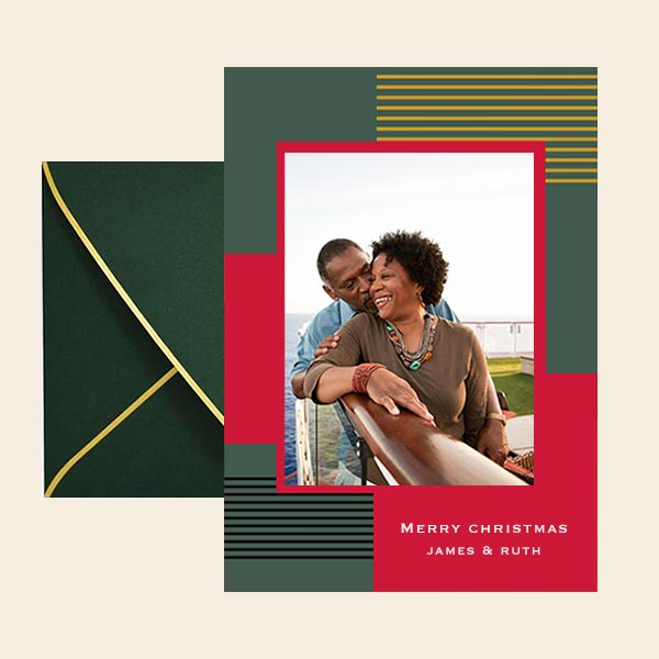 Photo Greeting Cards with Red Blocks and Border with Green envelope