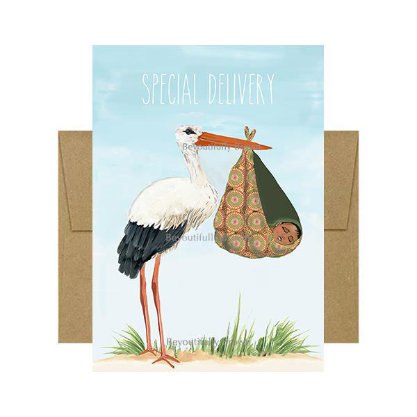 New Baby Greeting Card from Beyoutifully Brown featuring illustration of a stork carrying a baby