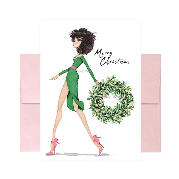 Wreath Walk in Pink & Green Holiday Card Set