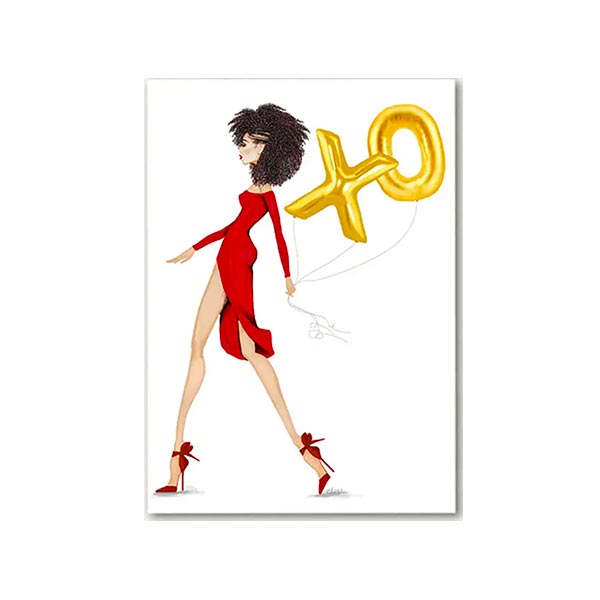 Greeting card with an illustration of a woman holding gold XO balloons