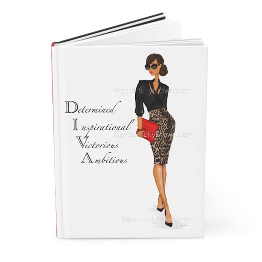 Journal Notebook with the word 'DIVA' defined as 'Determined, Inspirational, Victorious, Ambitious' on the cover