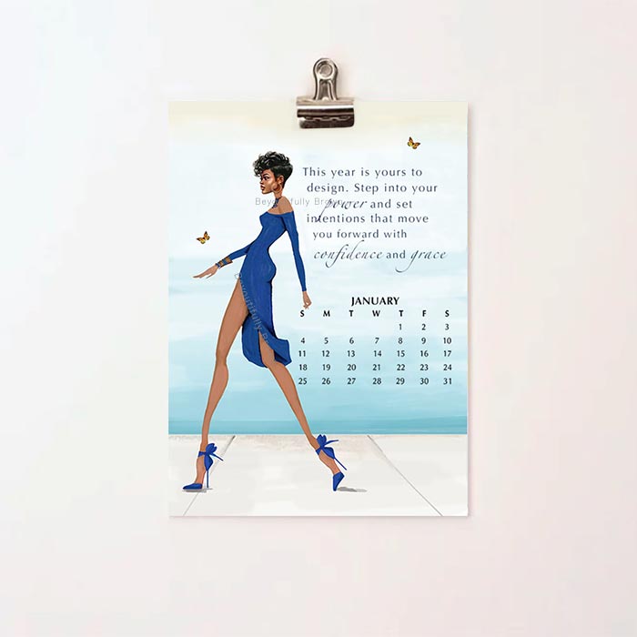 2026 Expressions Calendar sheet featuring stylish woman in Blue and inspirational message