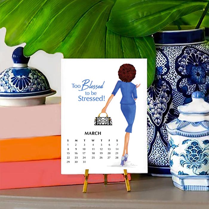 Expressions Calendar sheet with a woman in a blue dress and text 'Too Blessed to be Stressed!' on the cover