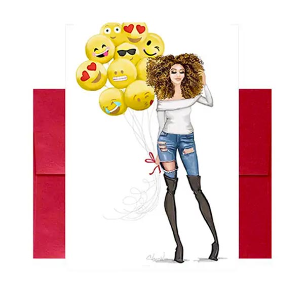 Greeting Card with woman holding emoji balloons