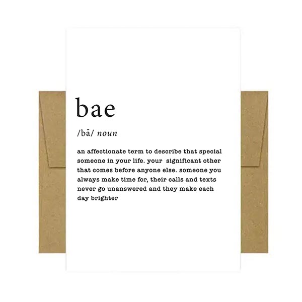 Greeting card with definition of 'bae' on the cover and a brown envelope