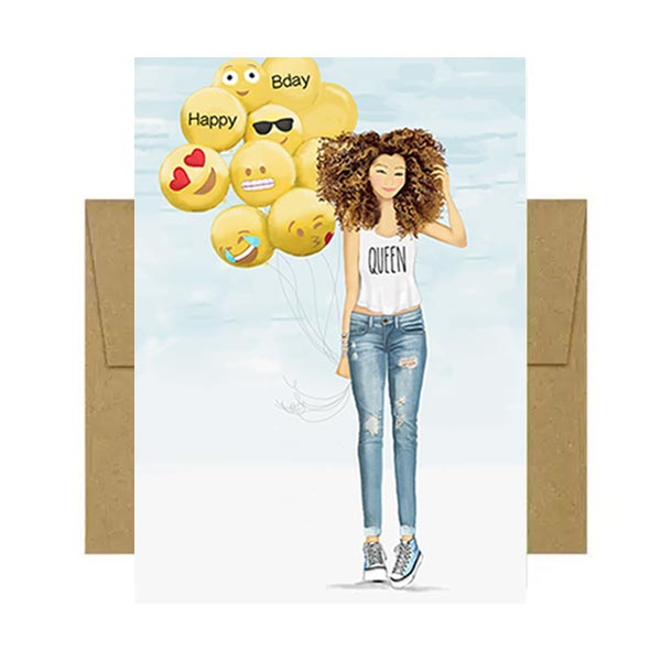 Greeting card with illustration of a woman holding emoji balloons and the word 'Queen' on her shirt, with a brown envelope.