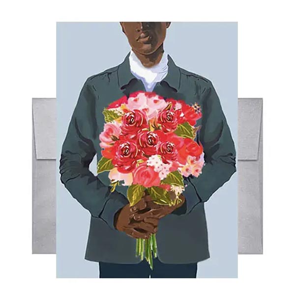 Greeting Card with a man holding a bouquet of flowers