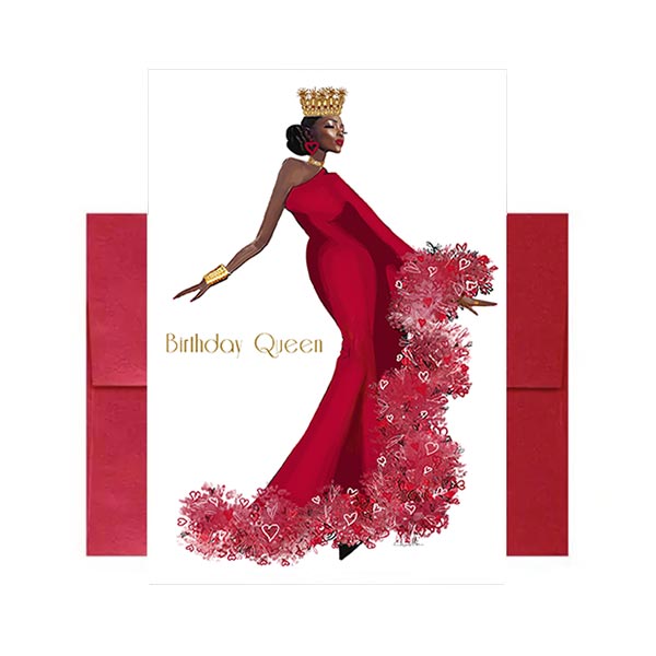 Birthday greeting card with a woman in a red dress and crown and the text 'Birthday Queen'