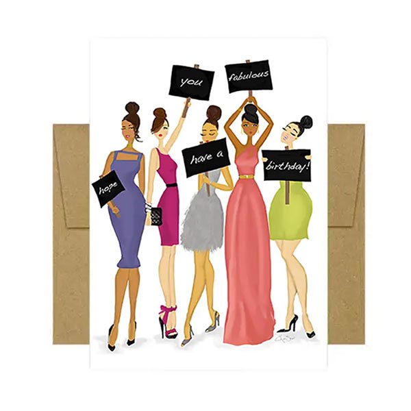 Birthday card with illustrations of five multicultural women in colorful dresses holding birthday signs.