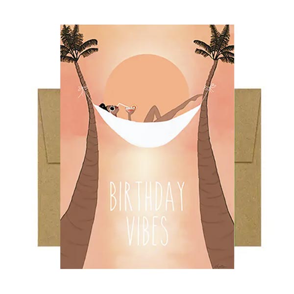 Greeting card with a tropical design featuring a person in a hammock between two palm trees, with 'Birthday Vibes' text.