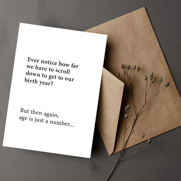 Greeting card with humorous text on a brown envelope.
