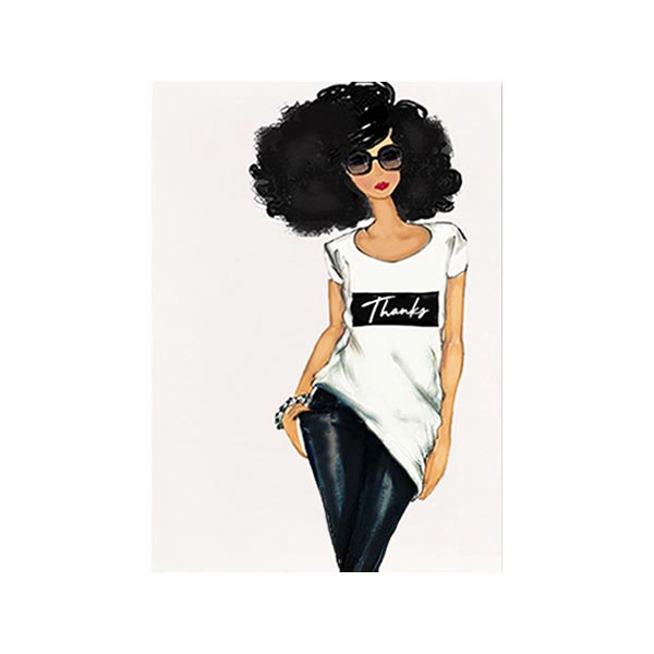 Black and Gold Thank You Greeting Card from Beyoutifully Brown with illustration of a stylish lady wearing a shirt with the text 'thanks'