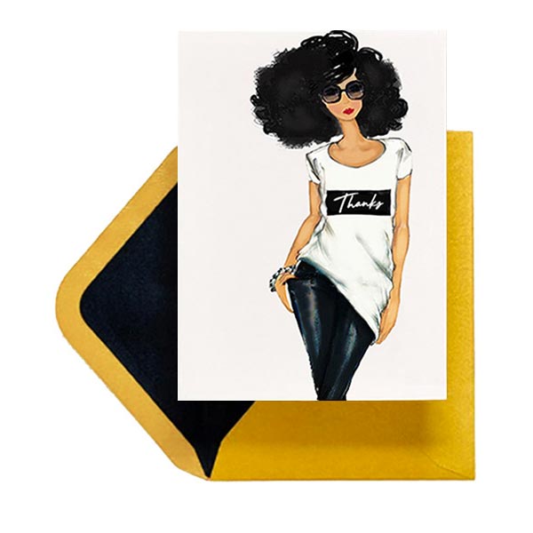 Greeting card with illustration of a woman wearing a 'Thanks' shirt with a gold envelope