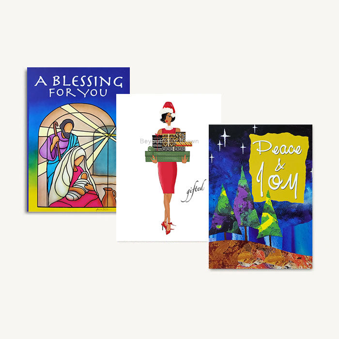 Three Christmas-themed greeting cards featuring illustrations of Blessings, Gifts and Peace