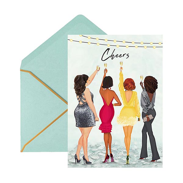 Multicultural greeting card with four women toasting with champagne and the word 'Cheers'