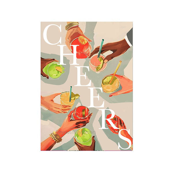Greeting card with hands giving a toast and the word 'CHEERS'