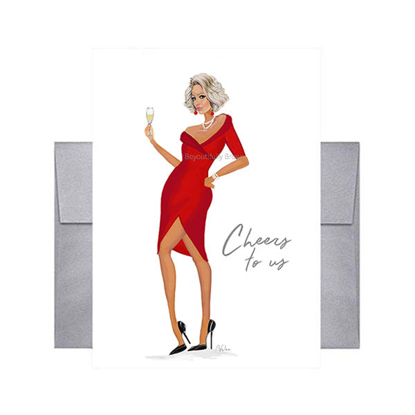 Greeting card with illustration of a woman in a red dress holding a glass of champagne with 'Cheers to us' text and a silver envelope