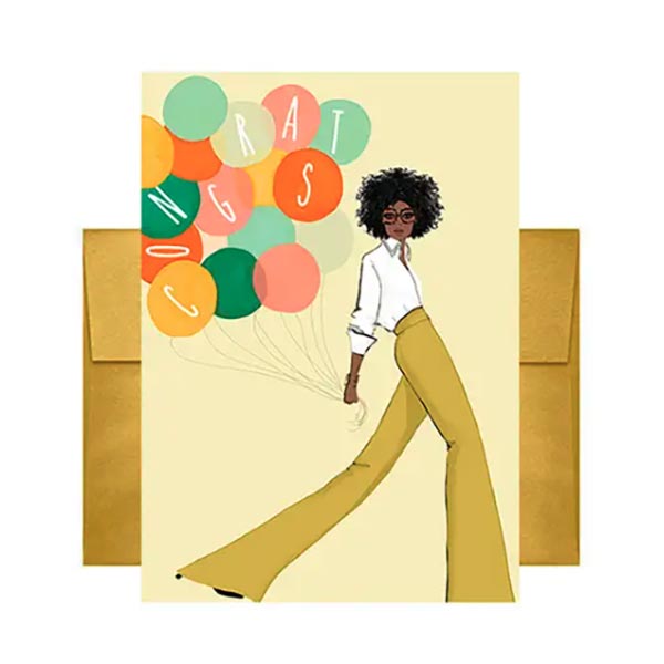 Greeting card with illustration of a woman holding balloons and the word 'CONGRATS' on a yellow background.