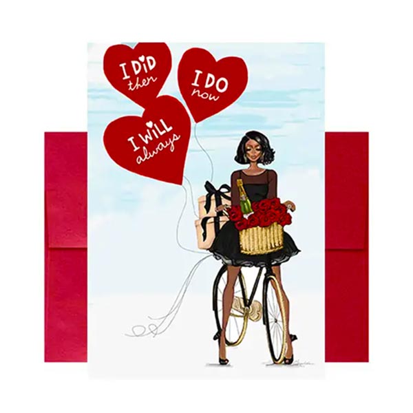 Greeting card with illustration of a woman on a bicycle with flowers, champagne and heart balloons with text.