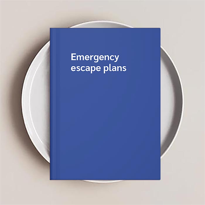 Journal Notebook reads 'Emergency escape plans' on the cover