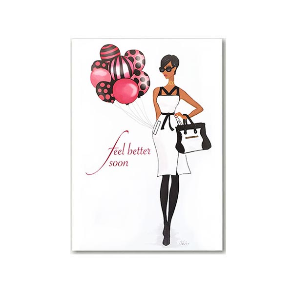 Greeting card with illustration of a person holding balloons with 'feel better soon' text on the cover
