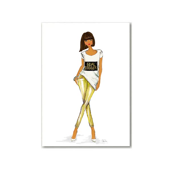 Greeting card with illustration of a woman wearing a 'Goal Digger' shirt