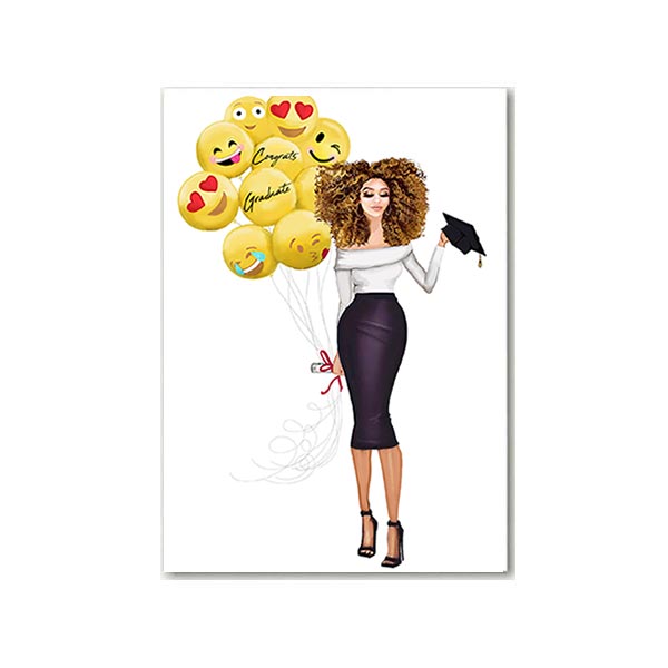 Greeting card with illustration of a woman holding a graduation cap and emoji balloons with 'Congrats Graduate' text.