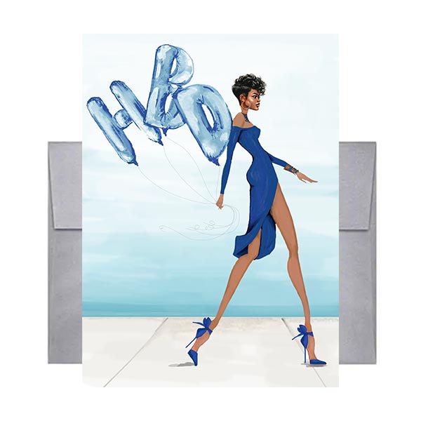 Birthday Greeting Card with Blue HBD Balloons from Beyoutifully Brown featuring Multicultural and Black Art