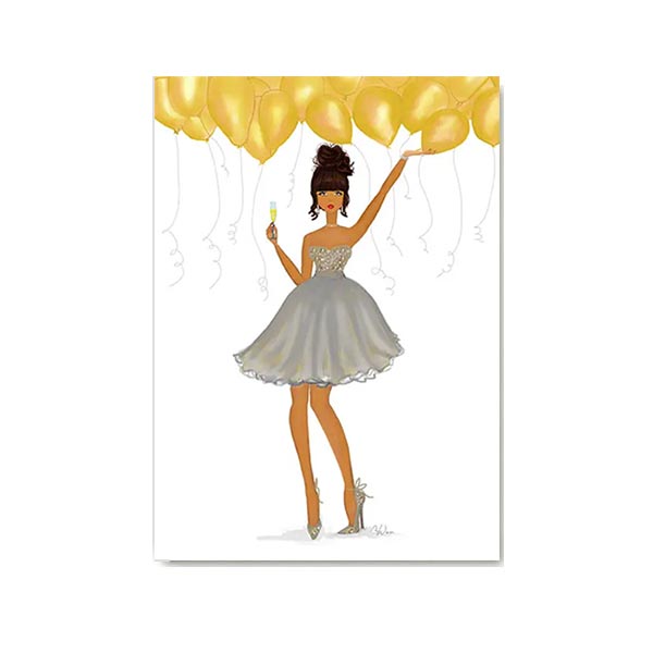 Greeting card with a woman in a silver dress holding gold balloons 