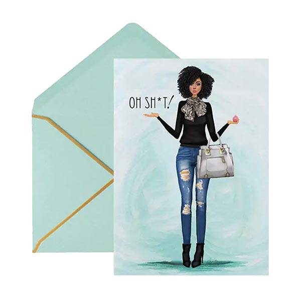 Belated birthday card with illustration of a woman holding a birthday cupcake and the text 'OH SH*T!' 
