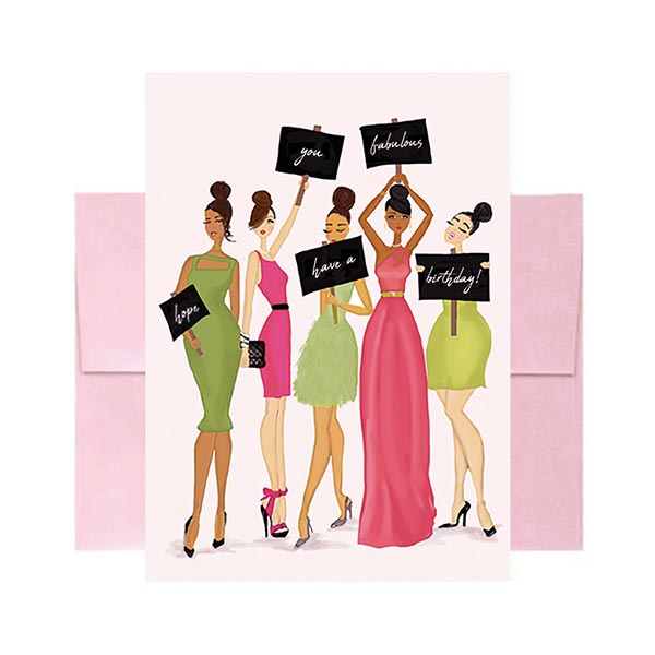 Birthday card with Illustration of five women in pink and green dresses holding birthday cards