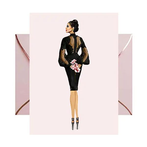 Pink greeting Card with lady holding orchids