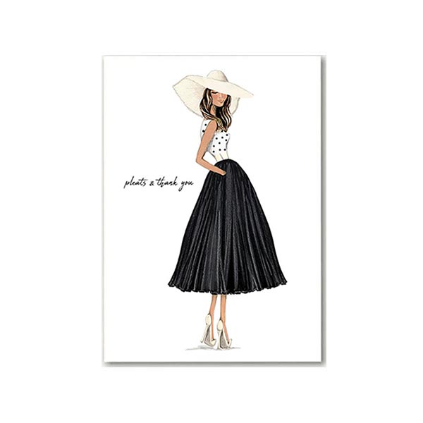 Thank you greeting card featuring an illustration of a woman in pleats with the text 'pleats and thank you'