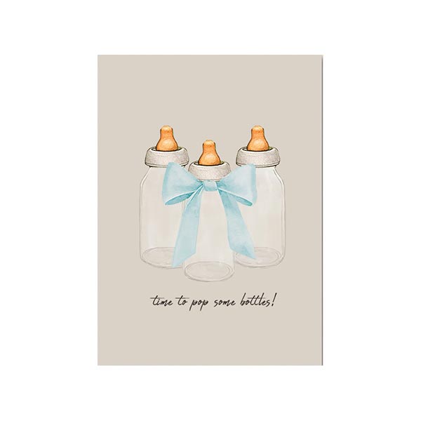 New Baby Greeting Card, Pop Some Blue Bottles featuring illustration of baby bottles with blue ribbon