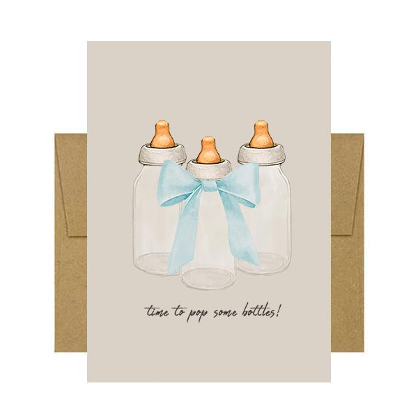 Greeting card with baby bottle design and blue ribbon on a beige background