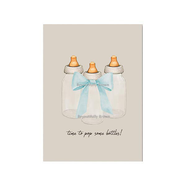 New Baby Greeting Card, Pop Some Blue Bottles featuring illustration of baby bottles with blue ribbon